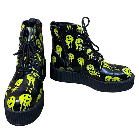 NEW T.U.K Happy Trip Smiley 7 Eye Viva Mondo Creeper Combat Boots Black Size 10 - Picture 1 of 9